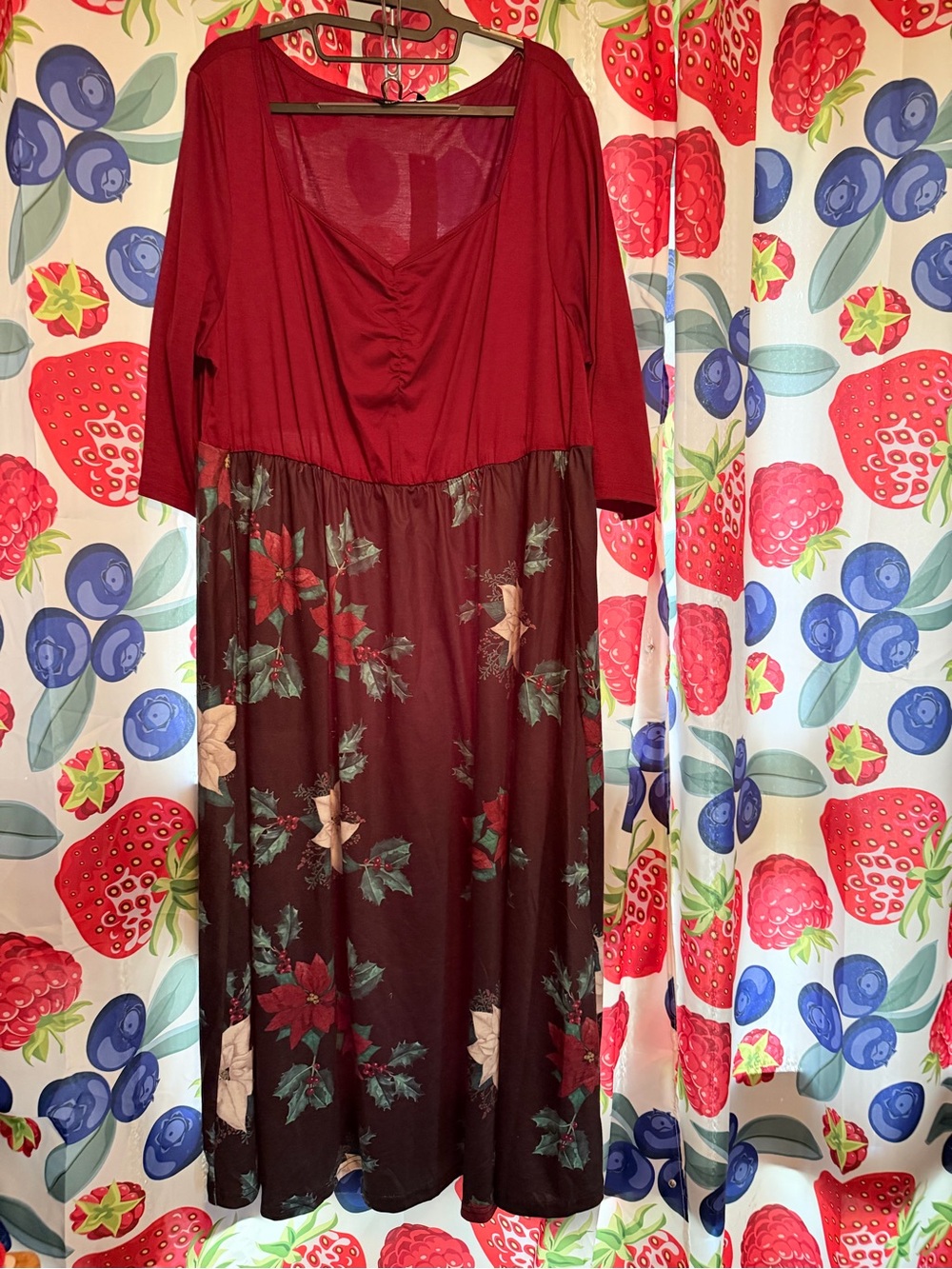 Red Floral Midi Dress with Long Sleeves